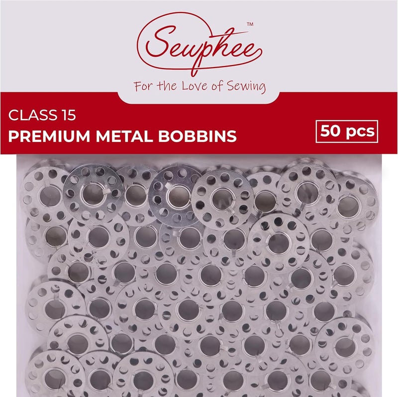 Sewphee Class 15 Metal Bobbins for Sewing Machine – Compatible with Brother, Singer, Janome, Kenmore, Babylock – Front Loading Sewing Machine Bobbins – 50 Pack Durable Steel Bobbin Set - Image 1